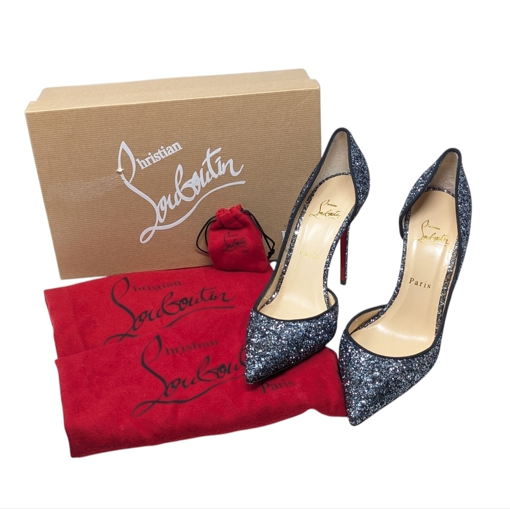 Christian Louboutin Blue Khol Black Course Glitter D'Orsay Pointed Pump 39.5